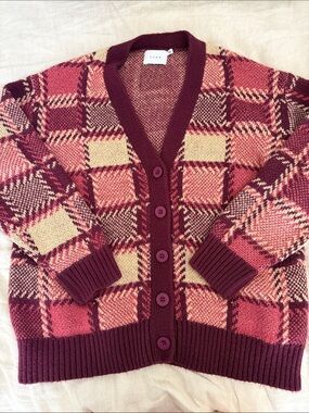 Lush Burgundy, Pink & Cream Plaid V-Neck Cardigan